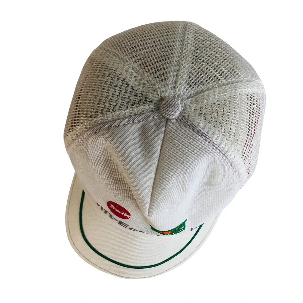 3 Stripe Trucker Hat Swift Eckrich Bars SnapBack Mesh Cap Made In USA White VTG
